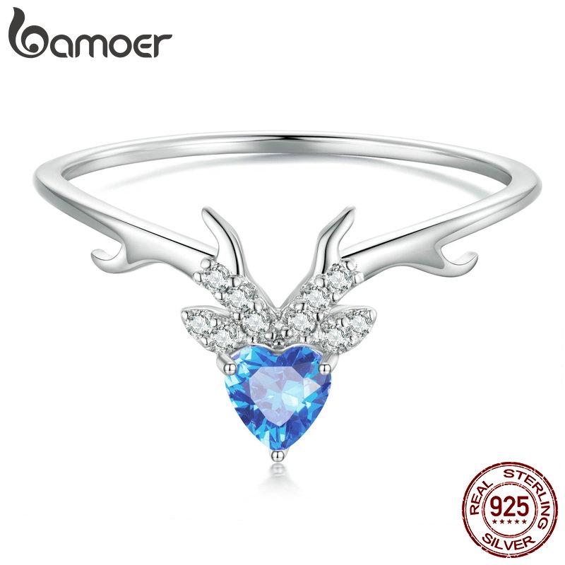 Bamoer 925 純銀簡約藍色鋯石鹿角戒指情侶時尚首飾