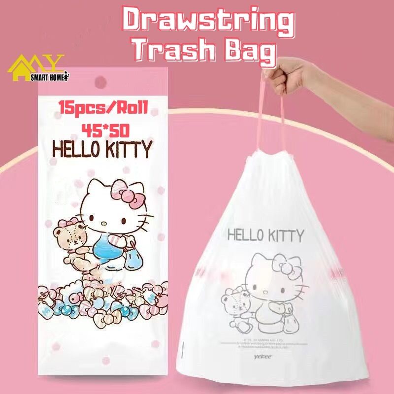 15 件/卷 45*50 吸管垃圾袋 Hello Kitty 垃圾袋家用可愛加厚垃圾袋 L 帶抽繩廚房垃圾一次性大號塑料