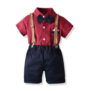 兒童男嬰套裝正式套裝 0-6 歲紅色條紋襯衫帶領結綁帶短褲套裝男孩嬰兒聖誕服裝生日派對衣服