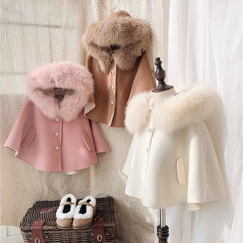 ins韓國可愛舒適2022女童外出粉色披風披肩外套冬天女寶寶外穿加厚保暖絨斗篷兒童冬季