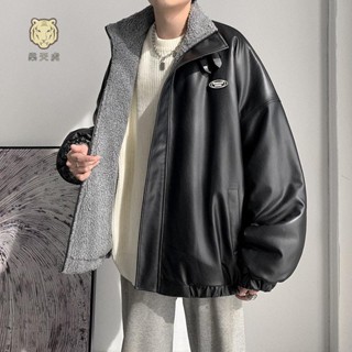 免運★樂天虎秋冬季加絨加厚羊羔絨外套男 寬松兩面穿棉服 韓版皮衣 寬鬆皮衣外套 保暖外套高品質PU皮羊羔毛棉衣男棉襖
