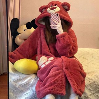 [現貨]睡衣冬天法蘭絨睡袍女冬季甜美可愛草莓熊睡衣加厚珊瑚絨睡衣中長款浴袍