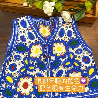 (時尚精選馬甲)天空寶藍彩織民族風馬甲 女復古背心針織鏤空短版外搭 ins風上衣 韓版休閒嬉皮甜美女士背心馬甲 日系小背