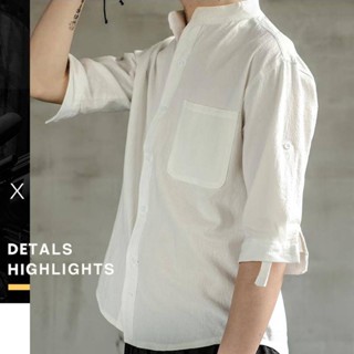 【宅男屋】 韓版襯衫男 工裝襯衫 棉麻小立領男生上衣 男生衣著 七分袖襯衫休閒百搭翻領男襯衫 NS919