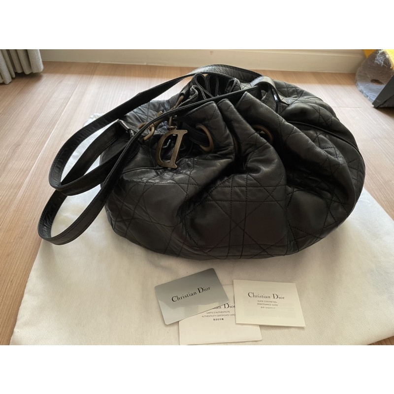 Christian Dior Lambskin Cannage Drawstring Bag Black #兩用水桶包