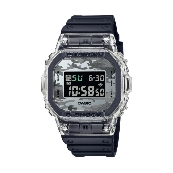 【CASIO G-SHOCK】灰階迷彩半透明耐方形運動腕錶-透明黑/DW-5600SKC-1/台灣總代理公司貨享一年保固