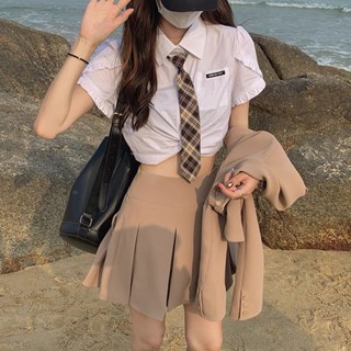 ［現貨］韓系學院風兩件式套裝 白色高腰顯瘦百褶裙高階泡泡袖套裝校園清純茶歇連衣裙新款甜美短袖洋裝約會婚禮逛街旅遊春夏
