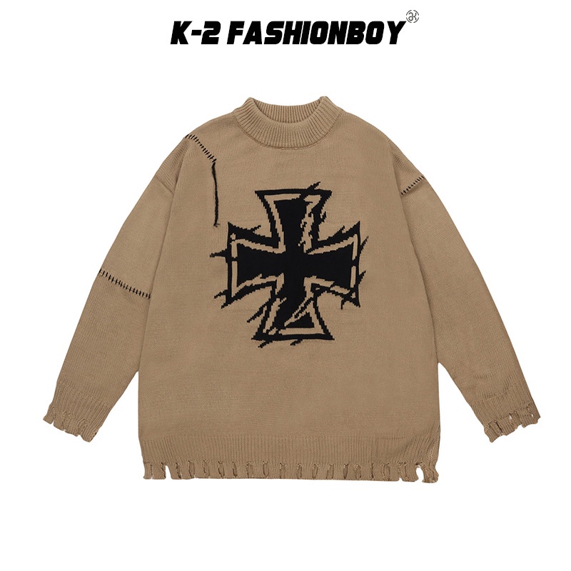 【K-2】Y2K 十字星 虛線 衣襬 破壞設計 十字架 長袖上衣 針織 毛衣 個性 穿搭【BWY320】