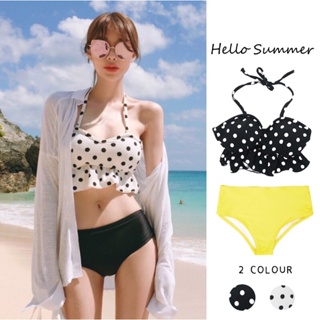 HELLO SUMMER現貨快速出貨❤️荷葉擺點點比基尼綁帶兩件式泳衣無鋼圈bikini（黑白）1720