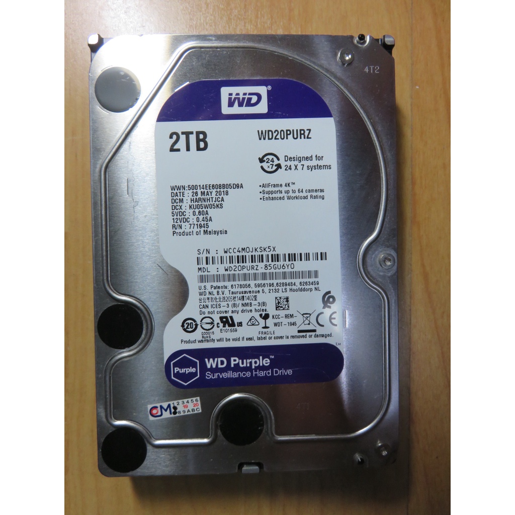 H.硬碟SATA3-WD 紫標 2TB 3.5吋 SATAIII (WD20PURZ) 64MB 直購價430