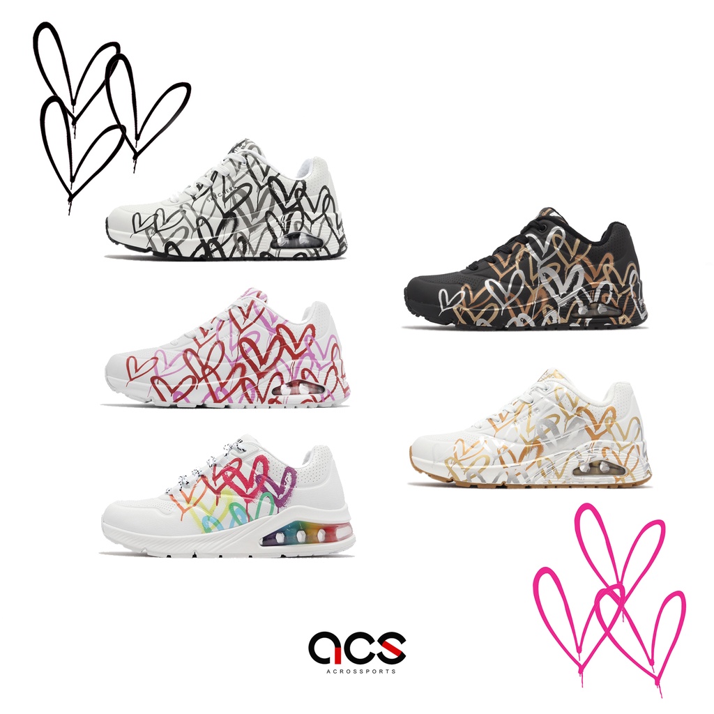 Skechers 休閒鞋 Uno Love 女鞋 黑 白 粉紅 彩色 愛心 塗鴉 聯名款 氣墊 增高 多色任選【ACS】