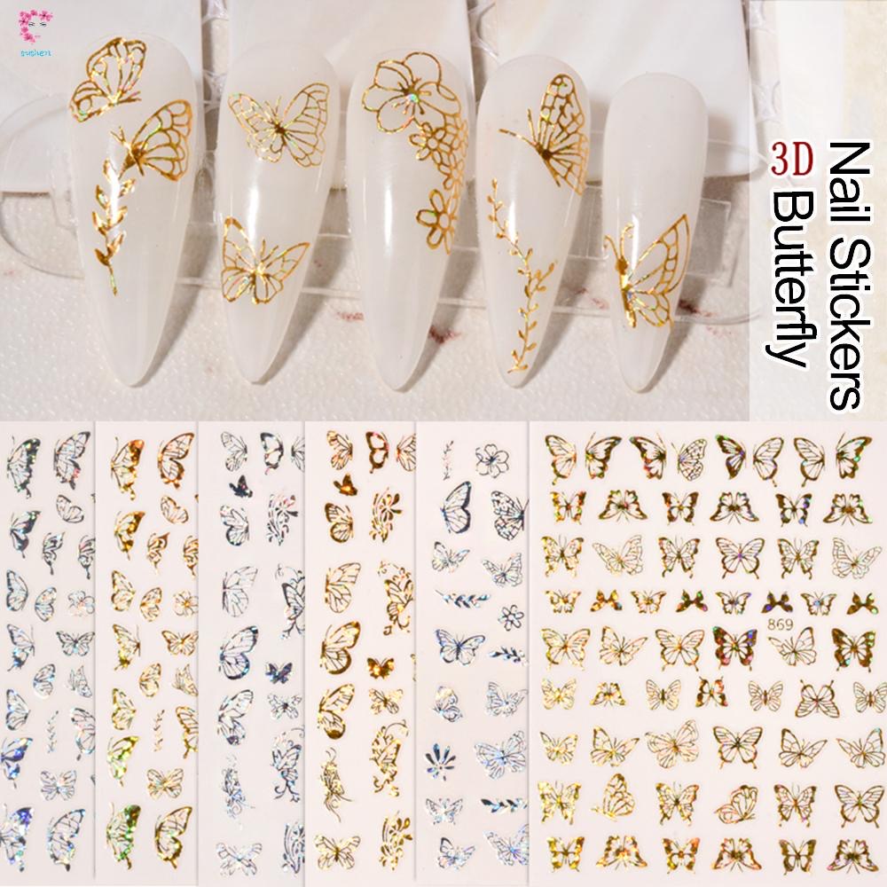 ✨現貨批發✨美甲貼紙多樣式 3D 蝴蝶圖案金色和銀色鏤空燙金指甲裝飾修指甲