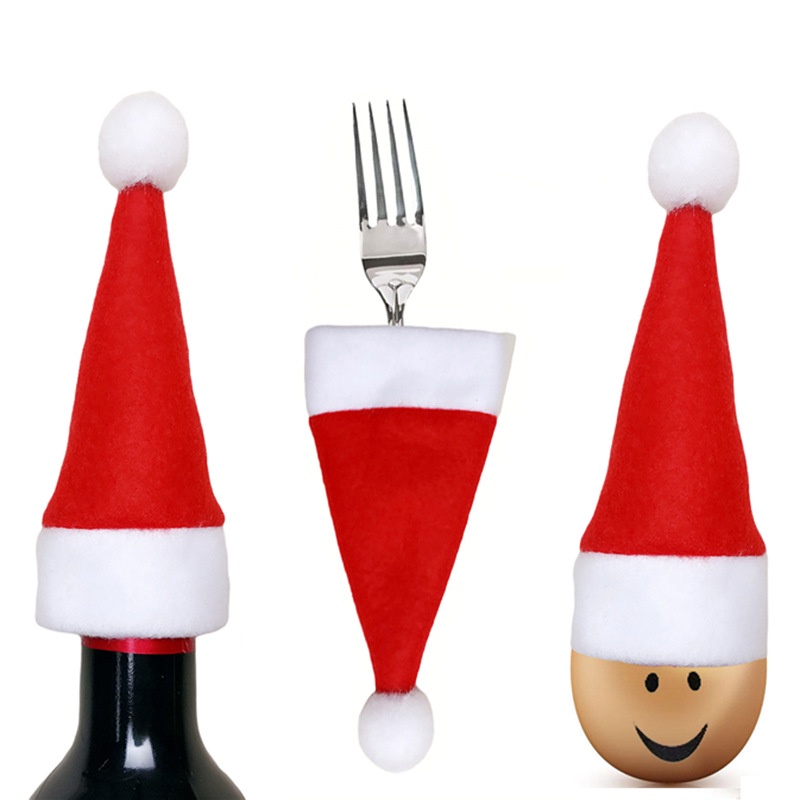 1個聖誕節酒瓶裝飾迷你聖誕帽餐具刀叉套無紡布紅酒瓶帽