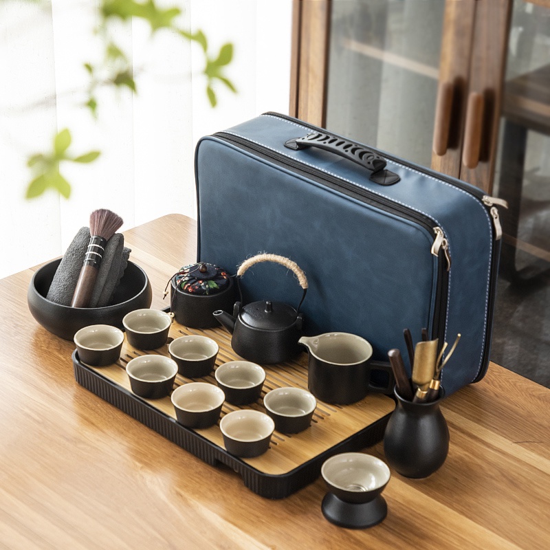 川島屋 旅行茶具組 功夫茶具 隨身茶具 茶具組 泡茶器 泡茶組 黑陶日式簡約家用功夫便攜旅行茶具套裝一壺六杯小套