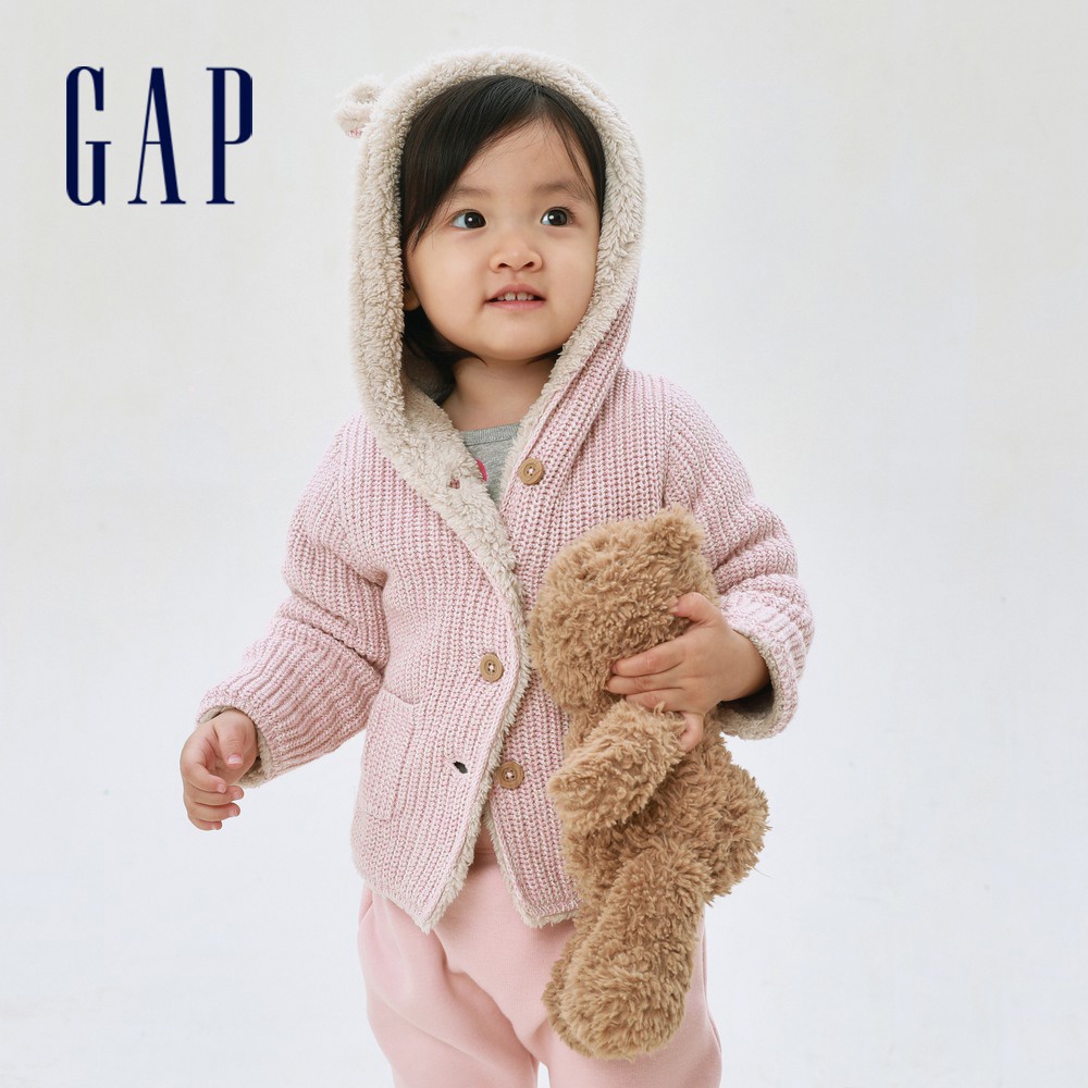 Gap 嬰兒裝 立體熊耳仿羊羔絨鈕釦外套-粉色(428052)