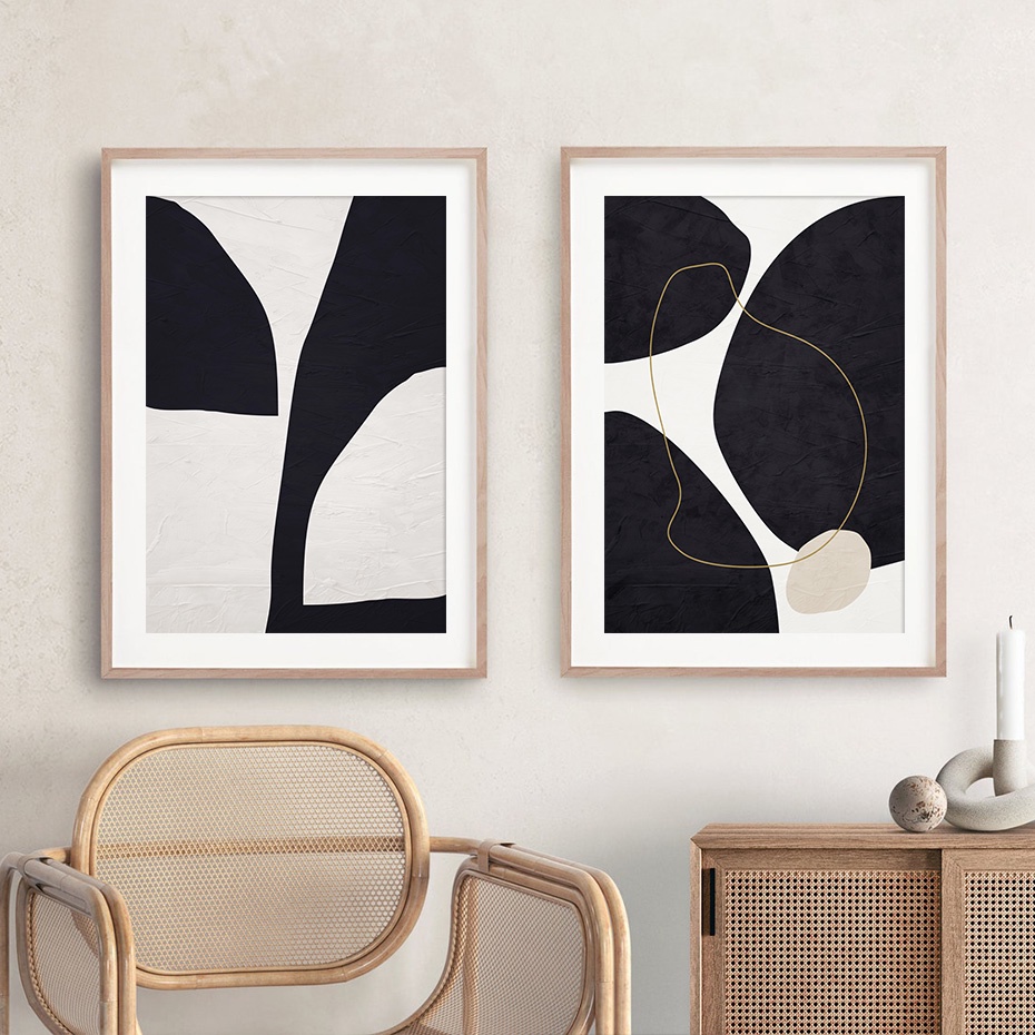 抽象幾何黑色米色中世紀現代海報帆布繪畫版畫圖片