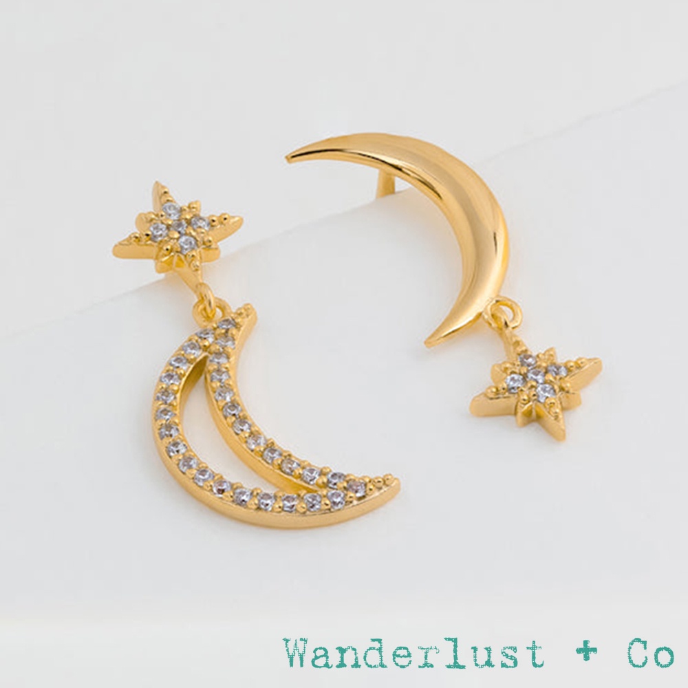 Wanderlust+Co 澳洲品牌 鑲鑽月亮北極星耳環 金色月亮耳環 Dreamchaser