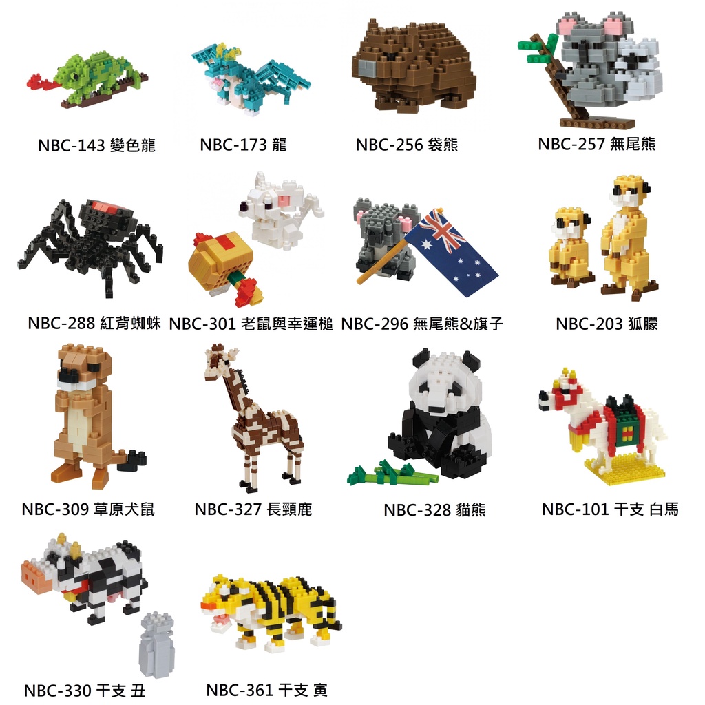KWD Nanoblock 河田積木 迷你積木 變色龍 龍 袋熊 無尾熊 蜘蛛 老鼠 狐獴 草原犬鼠 長頸鹿 貓熊 馬