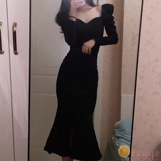 [Orange] 2022 法式 高級 設計感 小眾 黑色 洋裝 女 輕奢 別緻 高級感 緊身 魚尾裙 長裙子