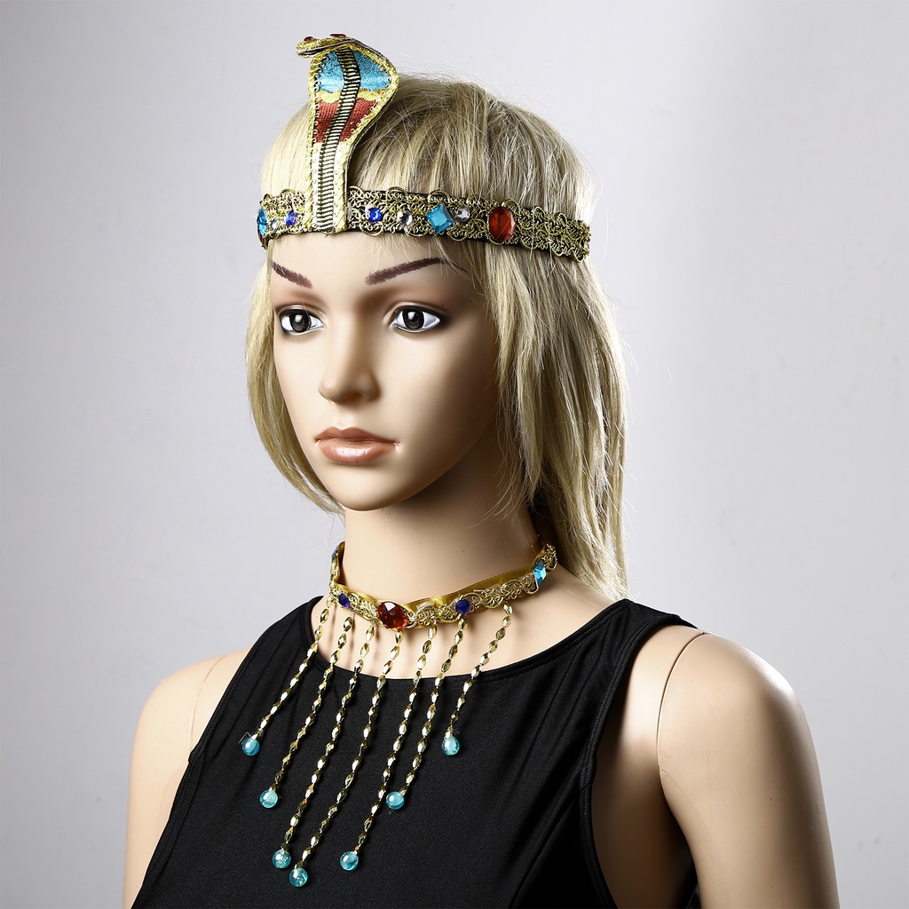 3 件裝埃及埃及埃及豔后服裝配飾蛇彈力頭帶頭飾項鍊套裝女士法老舞會裝扮