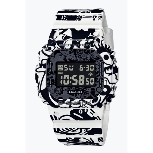 CASIO 卡西歐 G-SHOCK 新穎懷舊經典角色方形電子錶-黑白(DW-5600GU-7)