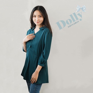 台灣現貨 大尺碼有領半開襟兩側收腰長版七分袖上衣(綠)-Dolly多莉大碼專賣