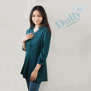 Dolly多莉大碼專賣 臺灣現貨 大尺碼有領半開襟兩側收腰長版七分袖上衣(綠)572