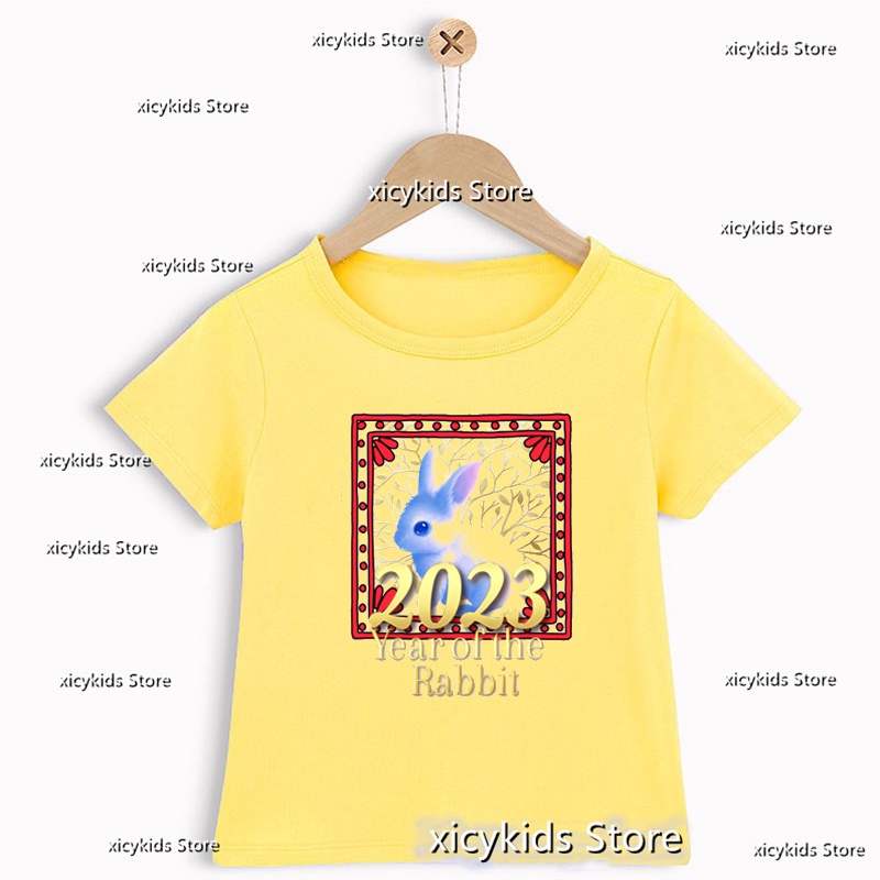 新款兒童服裝 T 恤 2023 年新年兔年兒童新年服裝可愛男孩/女孩 T 恤嬰兒衣服