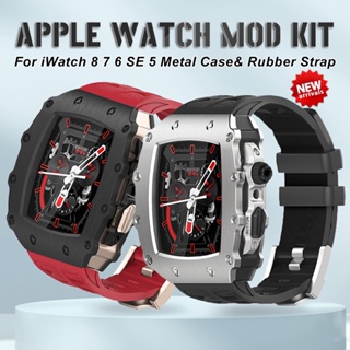 適用於 Apple Watch 8 7 45mm 金屬表圈框架氟橡膠錶帶 IWatch SE 6 5 4 44mm 錶帶