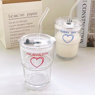 玻璃吸管杯 水杯 玻璃杯 吸管水杯 大容量玻璃吸管杯 果汁杯 愛心竹節杯 奶茶杯 外帶杯 咖啡杯 牛奶杯 隨行杯 飲料杯