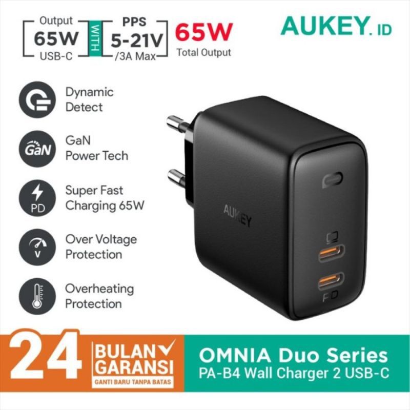 Aukey PA-B4 Omnia Duo 65W 雙端口 Pds 充電器, 帶 PPS