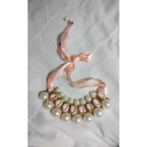 全新粉紅色緞帶寶石珍珠項鍊