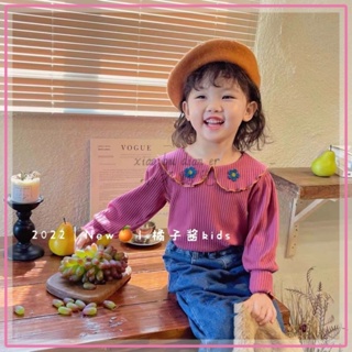✨小不點兒✨女童韓版純色花朵打底衫兒童洋氣坑條拼線娃娃領上衣寶寶長袖T恤(90cm-120cm)