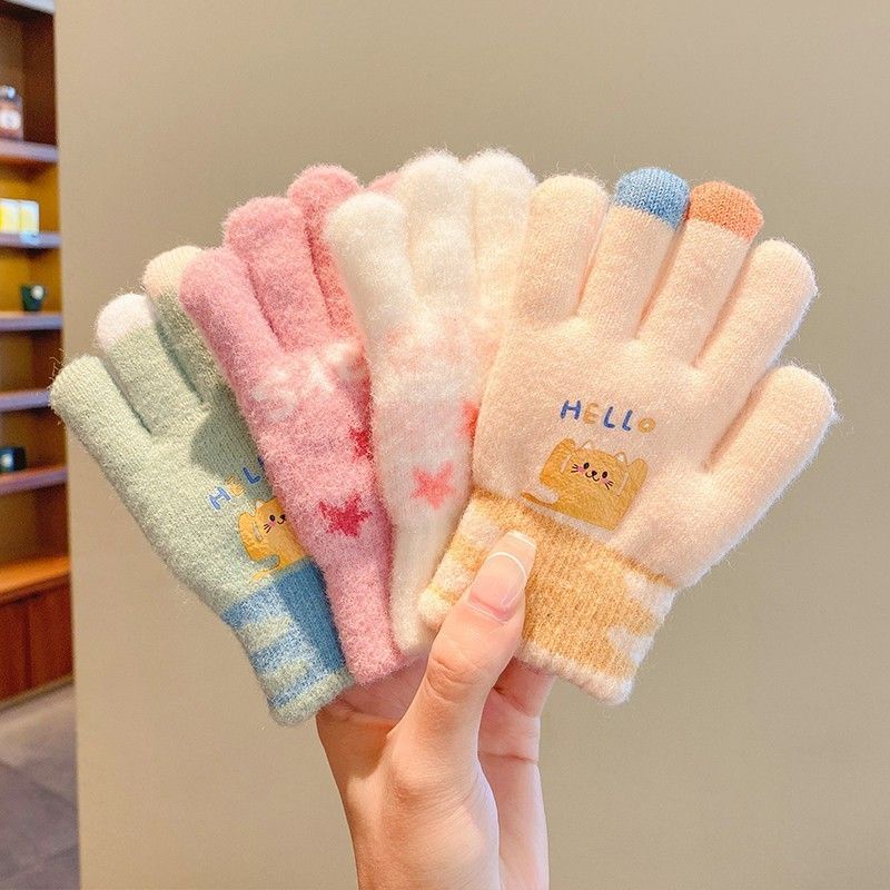 兒童針織手套分指 男童女童刷毛加厚保暖五指手套 。
