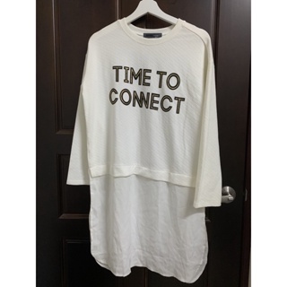 H:CONNECT 白色燙金英文字母長袖長版休閒假兩件上衣