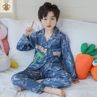 小蜜蜂童裝 男童長袖睡衣 居家服男童男孩子兒童睡衣春秋季長袖薄款初中生13青少年15歲冰絲家居服