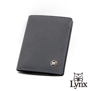 【LYNX】美國山貓十字紋進口牛皮雙折3卡直立式短夾 皮夾 錢包-藍色 LY16-2073-39