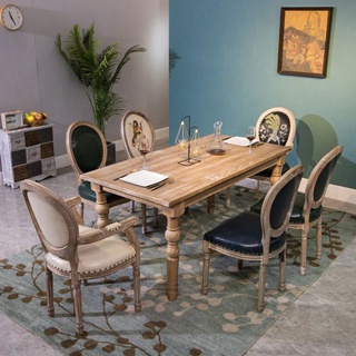 經典法式美式鄉村餐桌歐式田園風格復古做舊全實木圓角橡木長餐桌