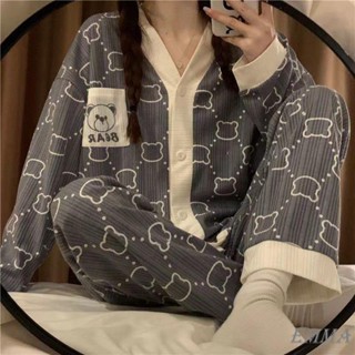 EMMA大尺碼睡衣 睡衣女春秋季韓版長袖長褲V領小熊印花甜美可愛學生ins風家居服