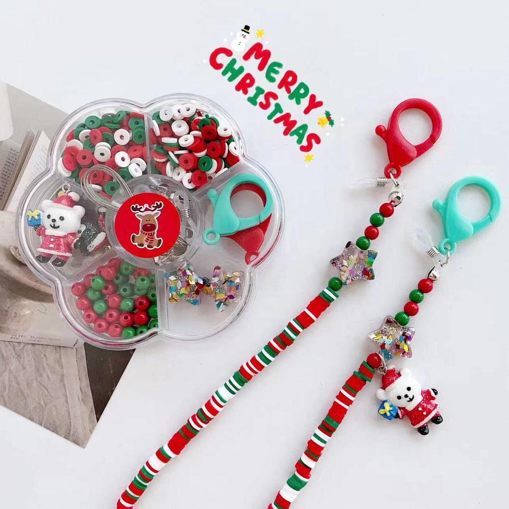 新款創意卡通耶誕老人紅綠亞克力串珠掛繩項鍊眼鏡鏈口罩鏈材料盒DIY