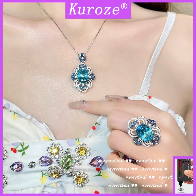 Kuroze 優雅海藍色鑽石戒指 藍寶石吊墜項鍊彩色寶石耳環