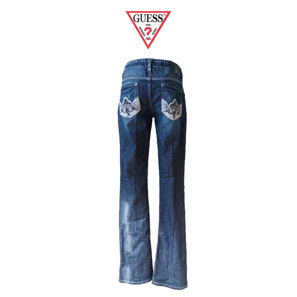 美國名牌~【GUESS】鉚釘裝飾 褲管洗白 藍色丹寧牛仔褲 28號