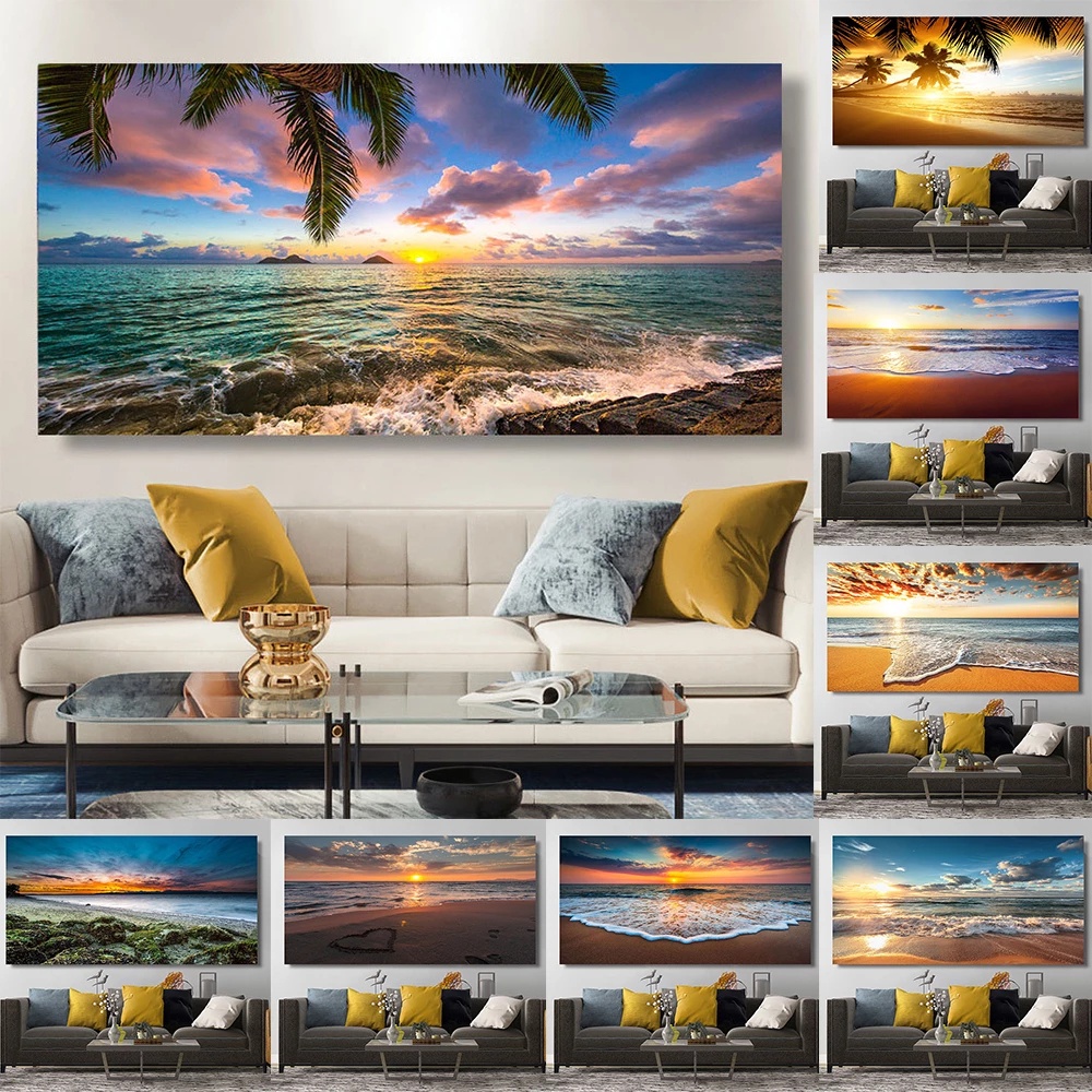 無框自然現代海景牆圖片風景海灘海洋帆布繪畫牆藝術海報客廳裝飾 Cuadros