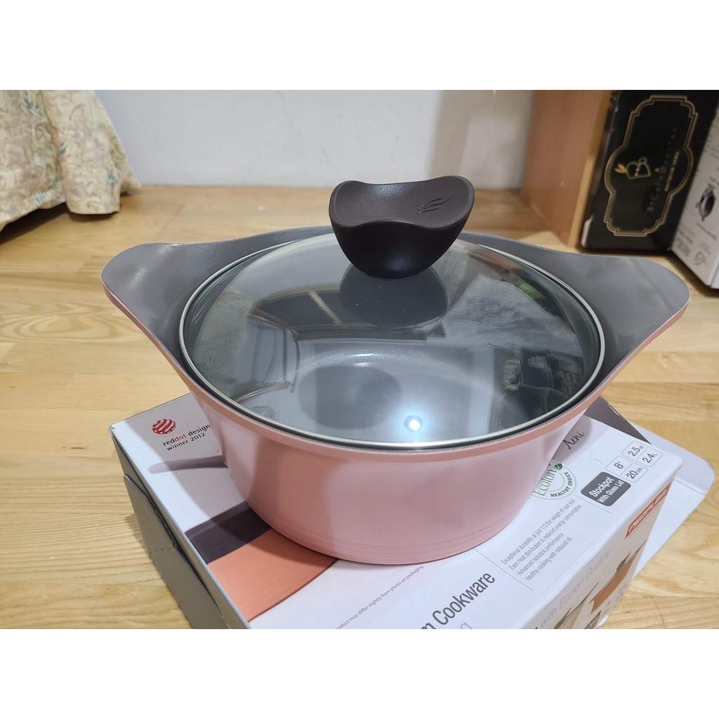 【韓國NEOFLAM】 neoflam Aeni系列 20cm陶瓷不沾湯鍋+玻璃鍋蓋 粉紅色 陶瓷 湯鍋