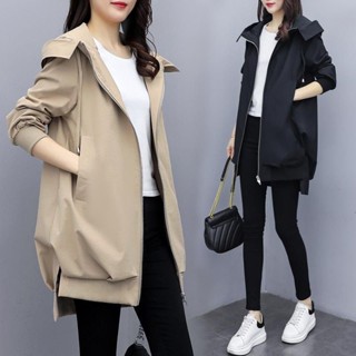 風衣 春秋韓版卡其色寬松休閑連帽風 衣女中長款黑色氣質胖mm外套 女熱賣款