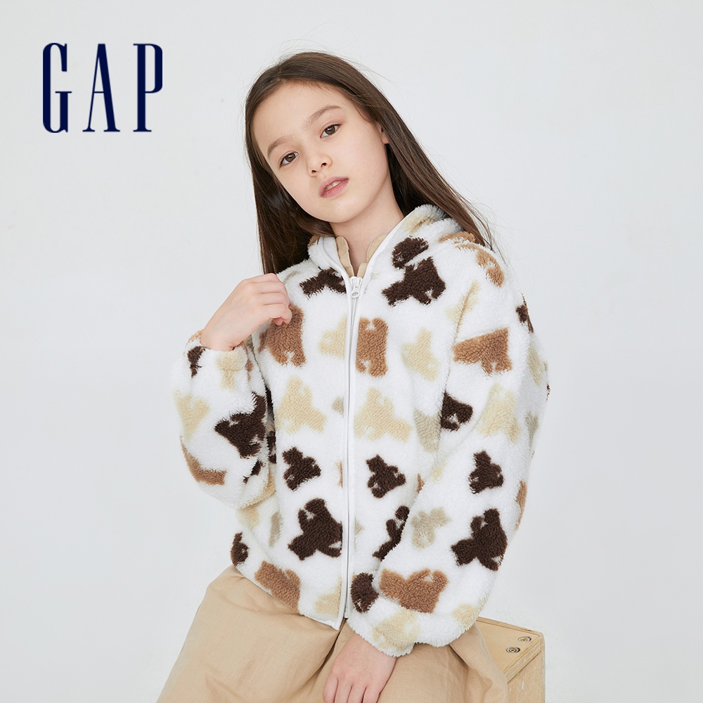 Gap 女童裝 刷毛連帽外套 抱抱絨系列-童趣小熊(451291)
