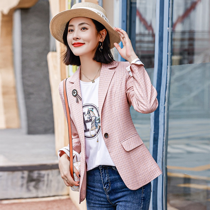 愛依依.西裝外套 格子外套 開衫上衣 S-2XL韩版时尚粉色格子西装外套 N132-50855.