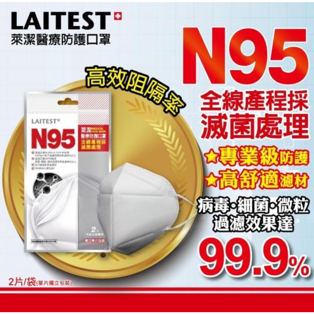 【心星藥局】LAITEST萊潔 N95 成人防護口罩 白色( 2入/包) 原廠公司貨