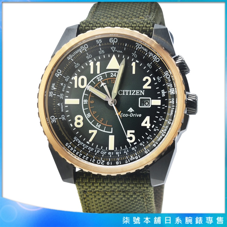 【柒號本舖】CITIZEN星辰PROMASTER大錶徑光動能帆布帶錶-綠面金框 / BJ7136-00E