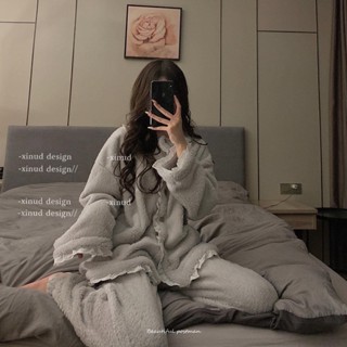 冬季居家服 毛毛睡衣 刷毛 家居服 刷毛睡衣 套裝女 珊瑚絨睡衣女冬季ins網紅甜美開衫蕾絲加厚法蘭絨少女家居服套裝